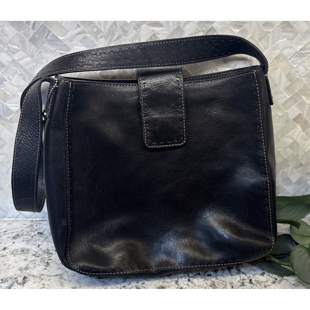 Vintage Fossil 1954 black pebble Leather Tote Shoulder Bag Purse Bold stitching
